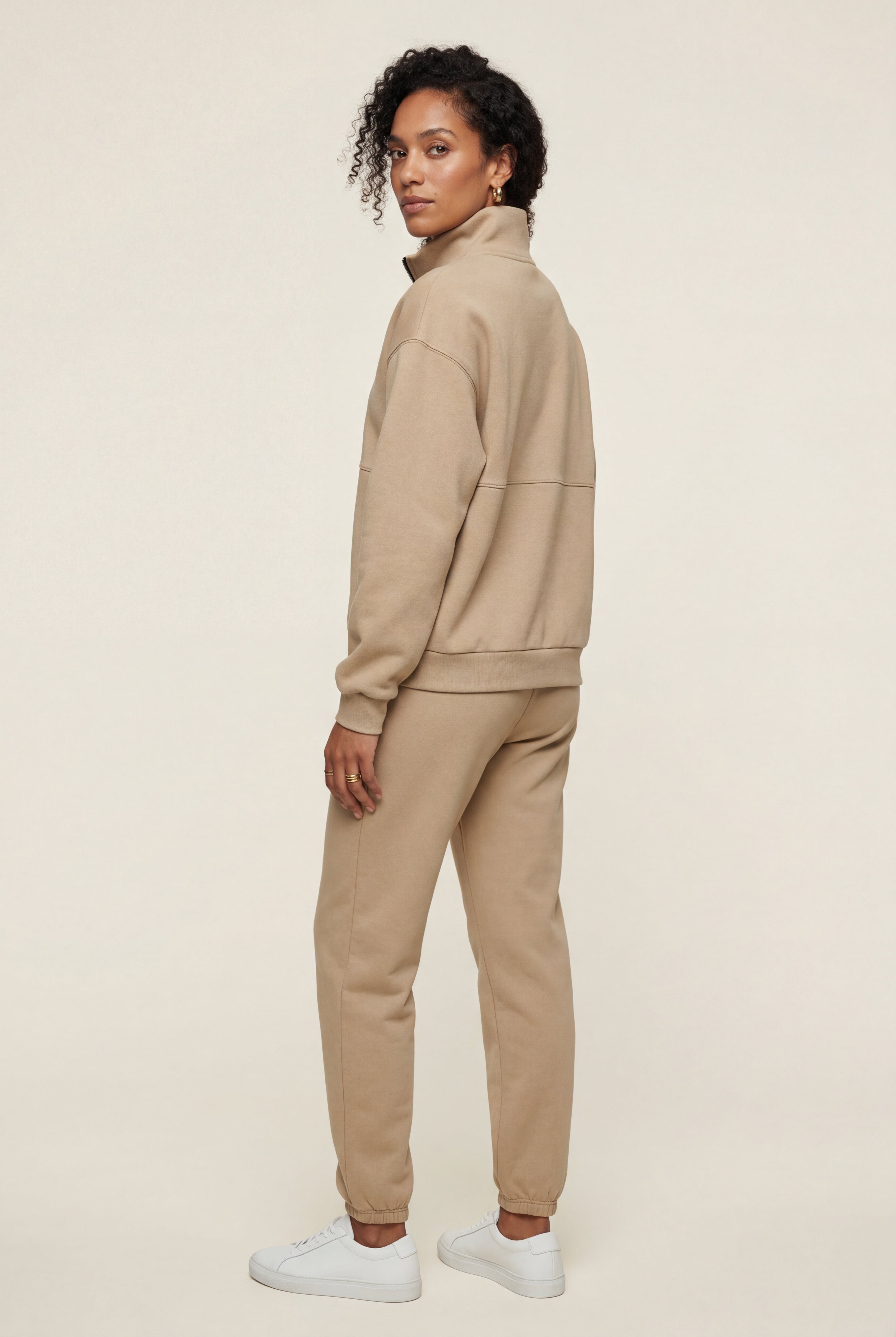 Lisa | Women's Warm Beige Relaxed Half-Zip Sweatshirt and Jogger Set