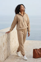 Lisa | Women's Warm Beige Relaxed Half-Zip Sweatshirt and Jogger Set