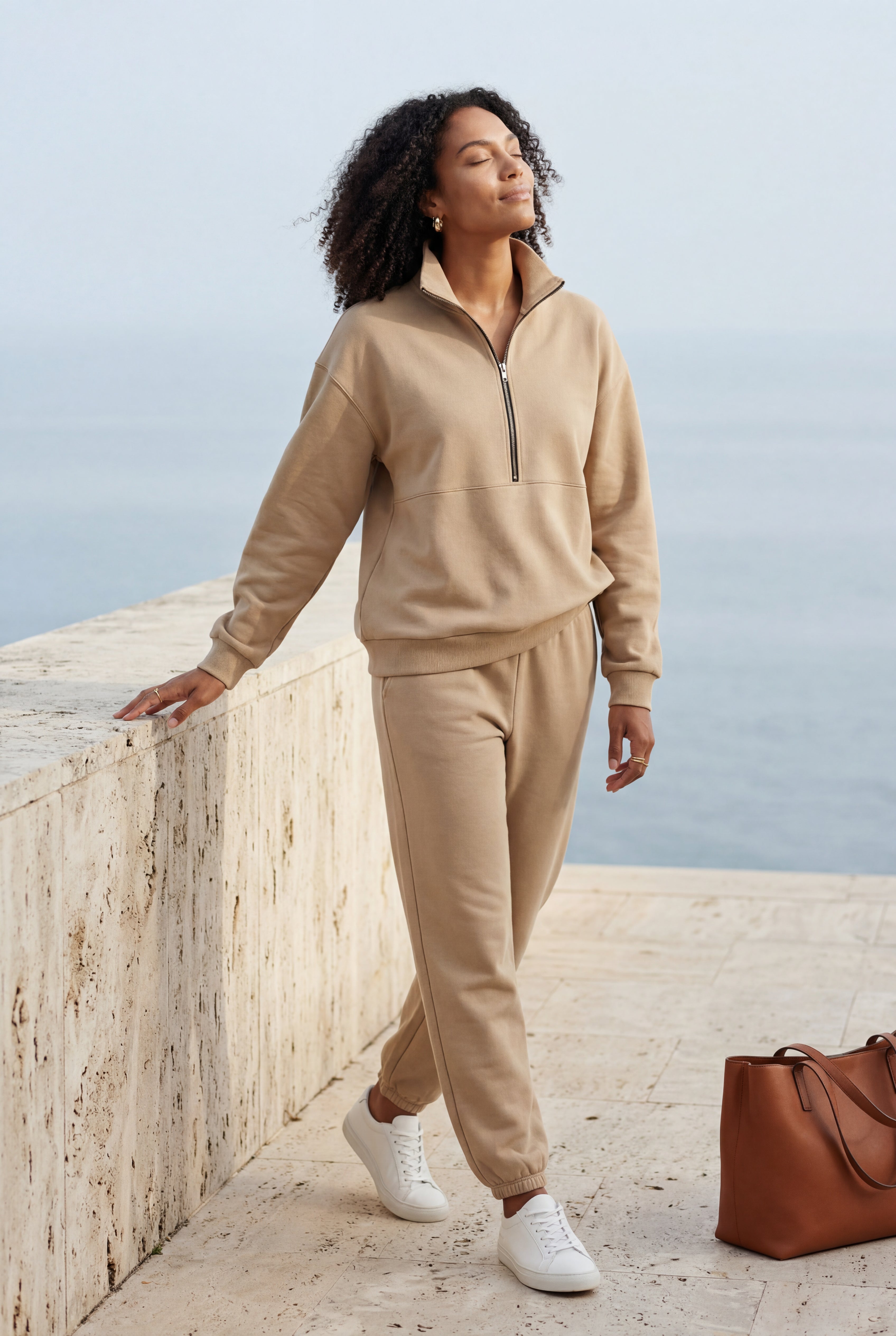 Lisa | Women's Warm Beige Relaxed Half-Zip Sweatshirt and Jogger Set