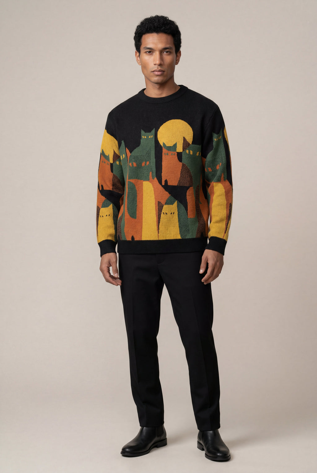 Abstract Cat Graphic Crew Neck Long Sleeve Sweater | James