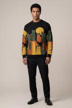 Abstract Cat Graphic Crew Neck Long Sleeve Sweater | James