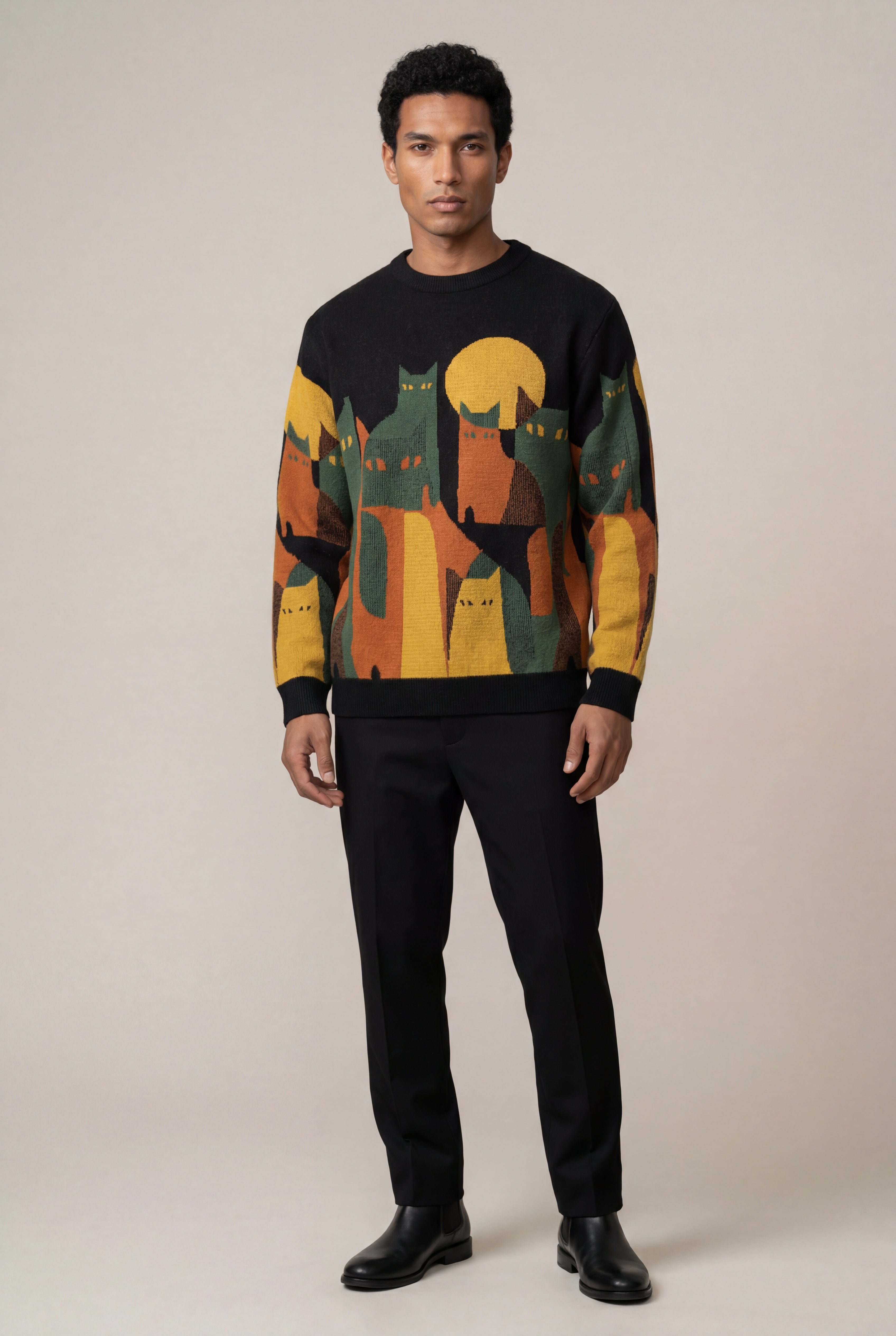 Abstract Cat Graphic Crew Neck Long Sleeve Sweater | James