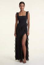 Elcevi | Asymmetric Ruffle Maxi Dress with High Slit For Women
