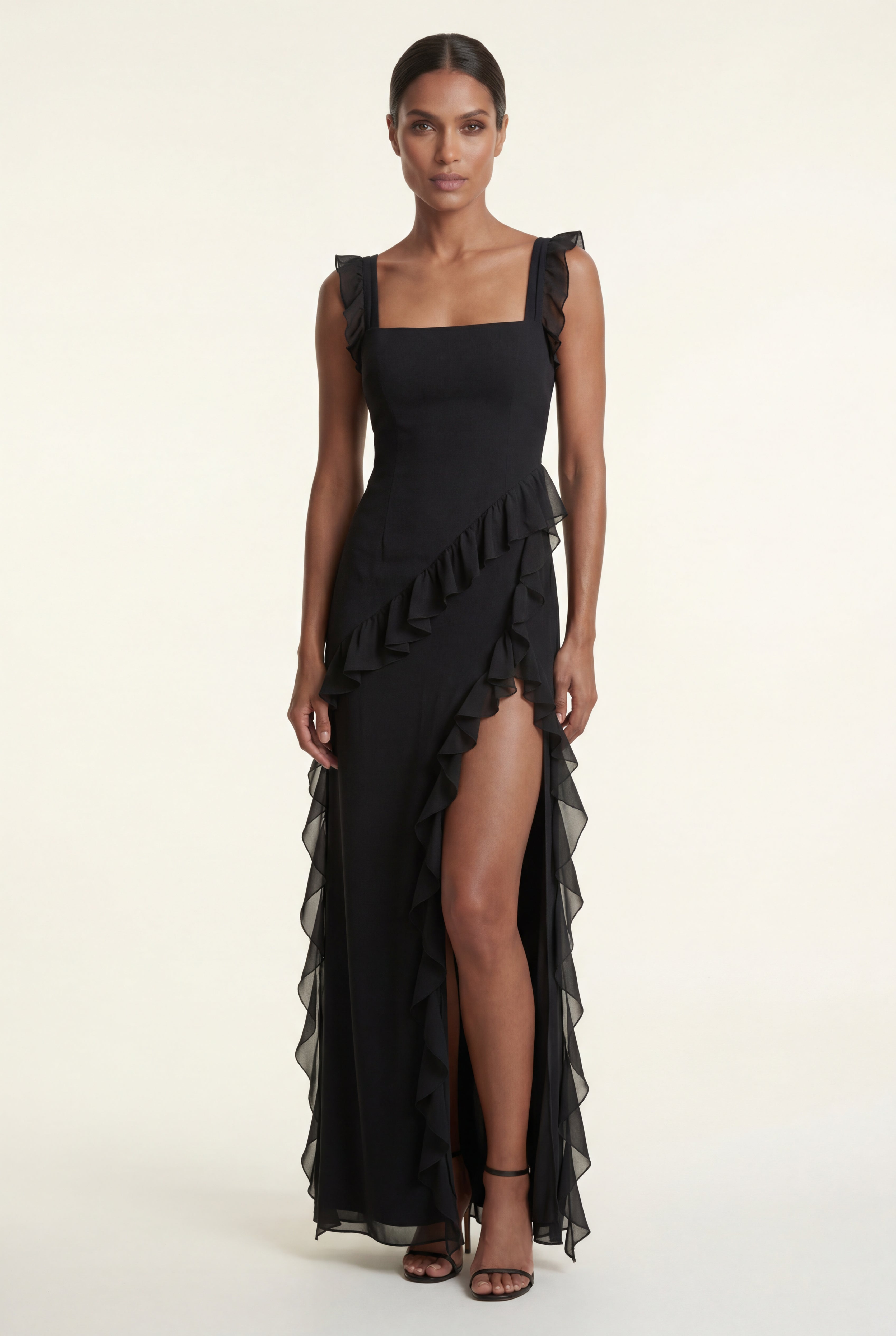 Elcevi | Asymmetric Ruffle Maxi Dress with High Slit For Women