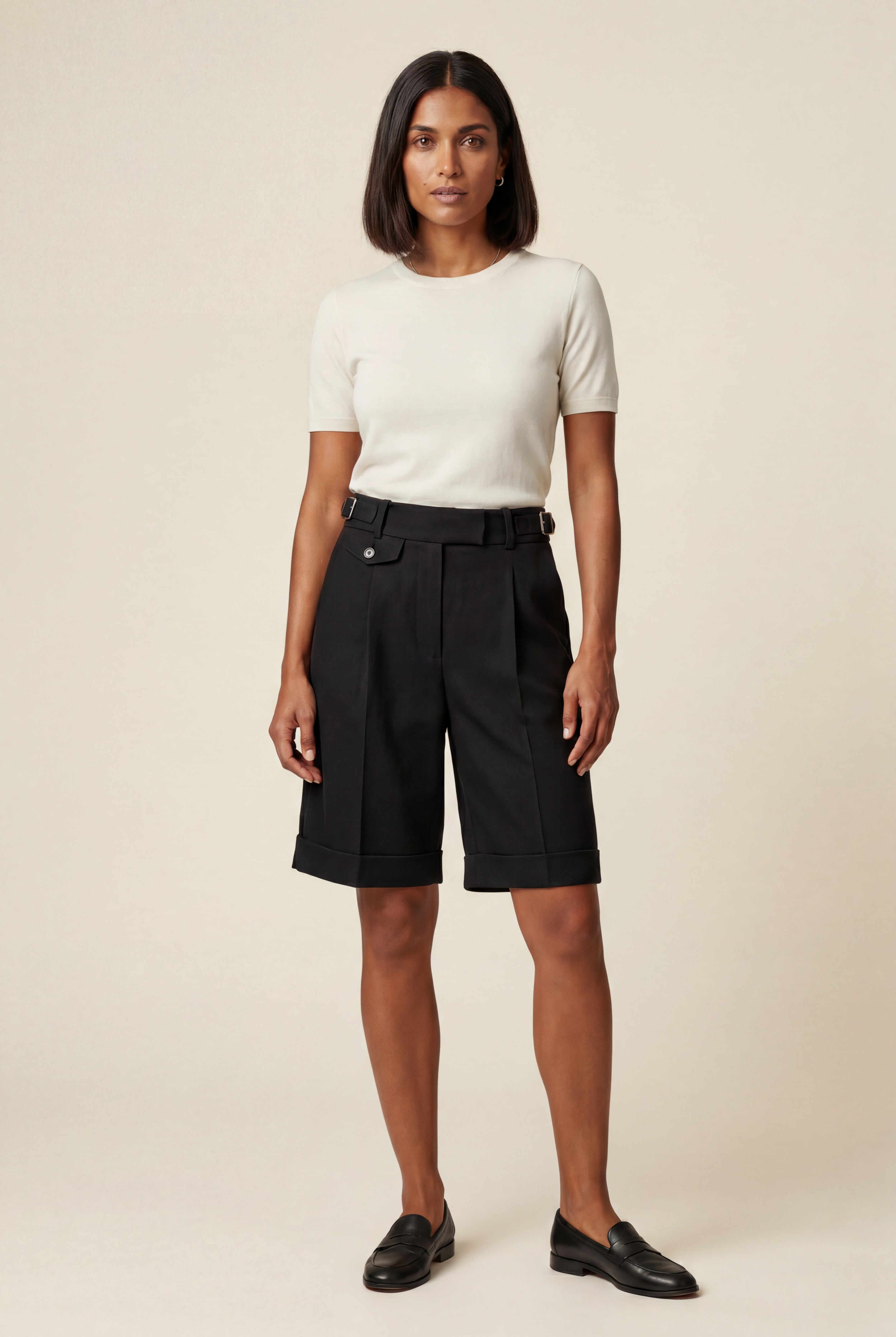 Lia | Belted Tailored Black Knee-length Bermuda Shorts