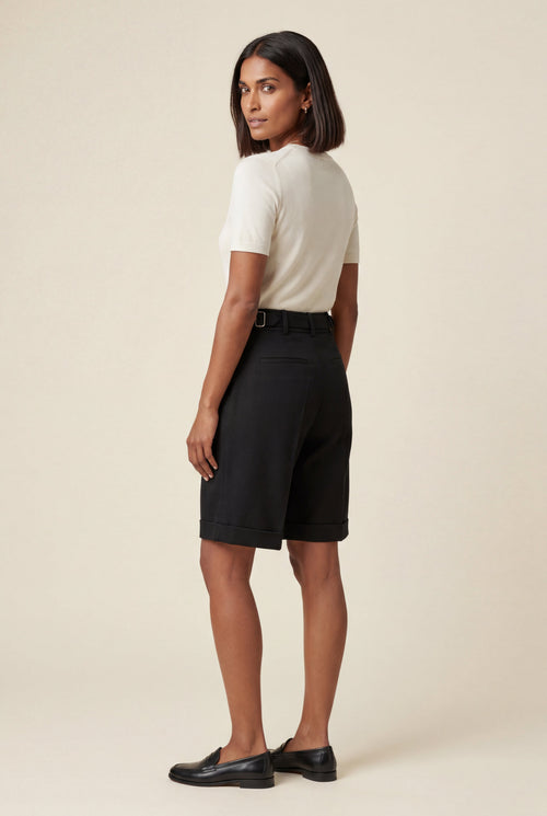 Elcevi | Belted Tailored Black Knee-length Bermuda Shorts For Women