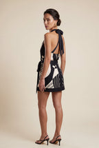 Alyssa | Black Artistic Print Halter Mini Wrap Dress For Women