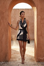 Alyssa | Black Artistic Print Halter Mini Wrap Dress For Women