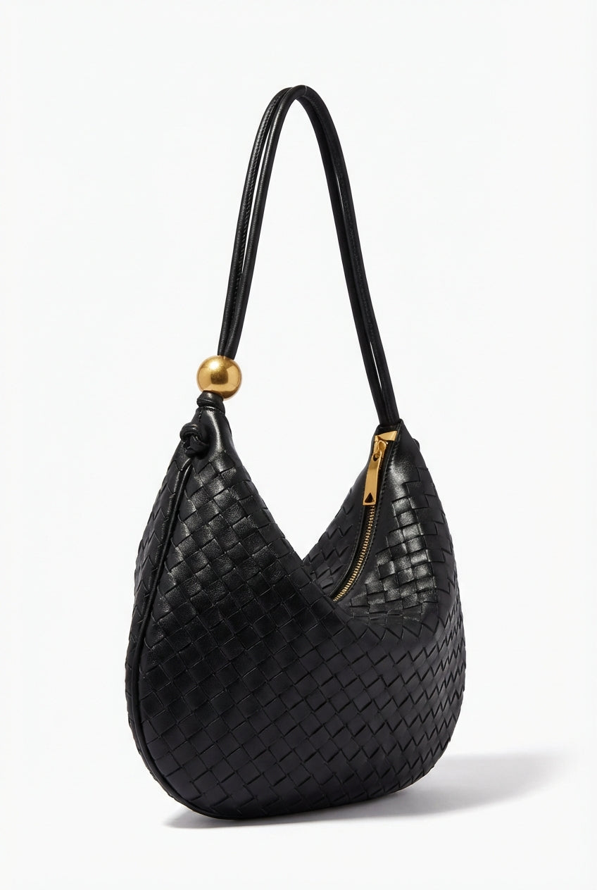 Lieke | Black Crescent Mini Hobo Handbag Gold Ball Detail