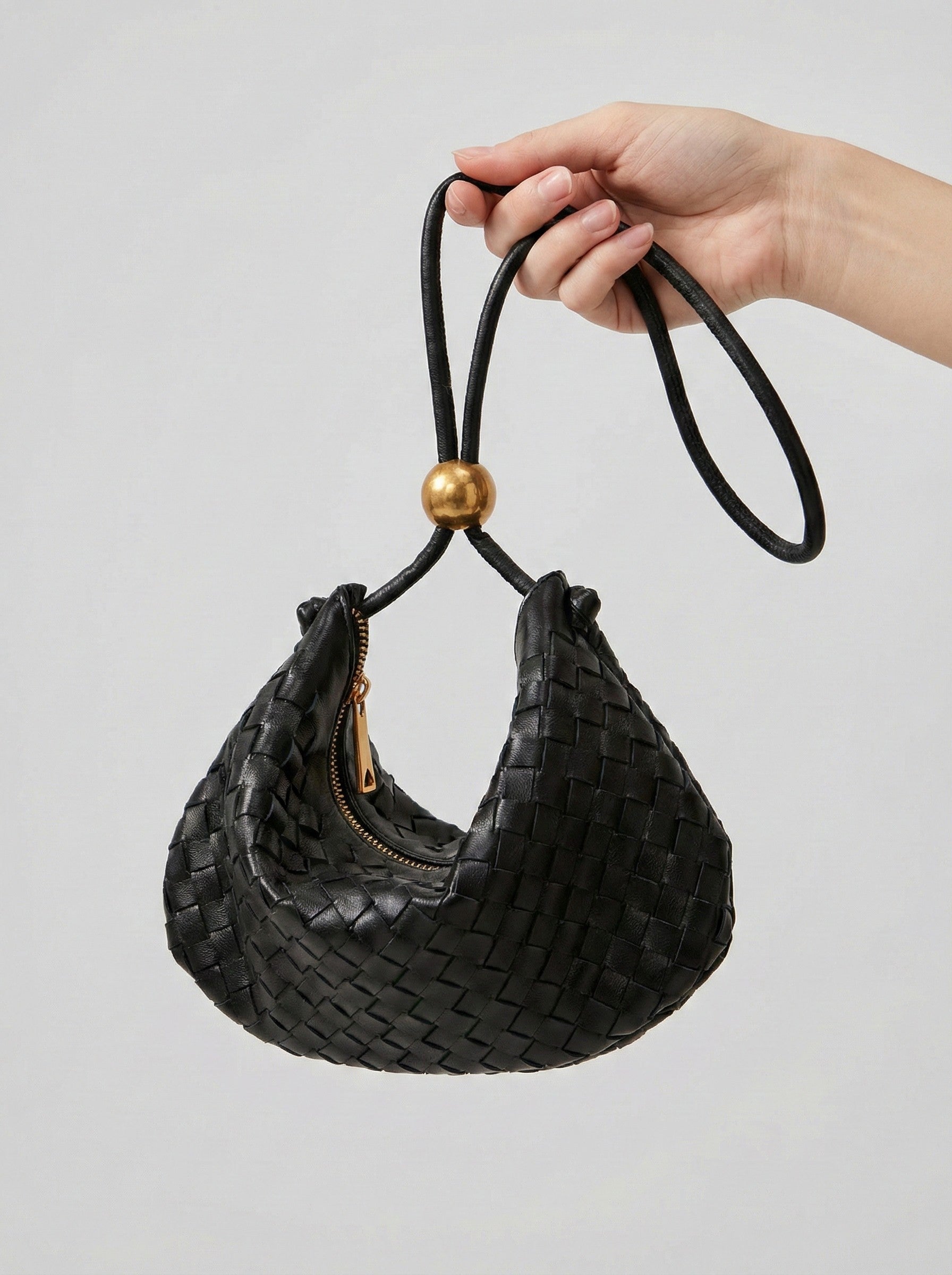 Lieke | Black Crescent Mini Hobo Handbag Gold Ball Detail