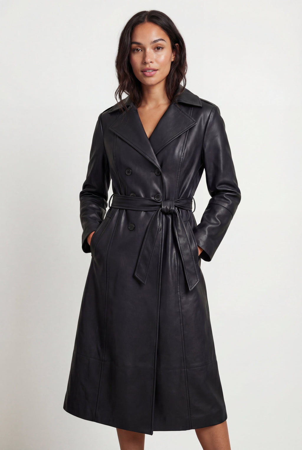 Black Double-breasted Belted Faux Trench Coat | Senna