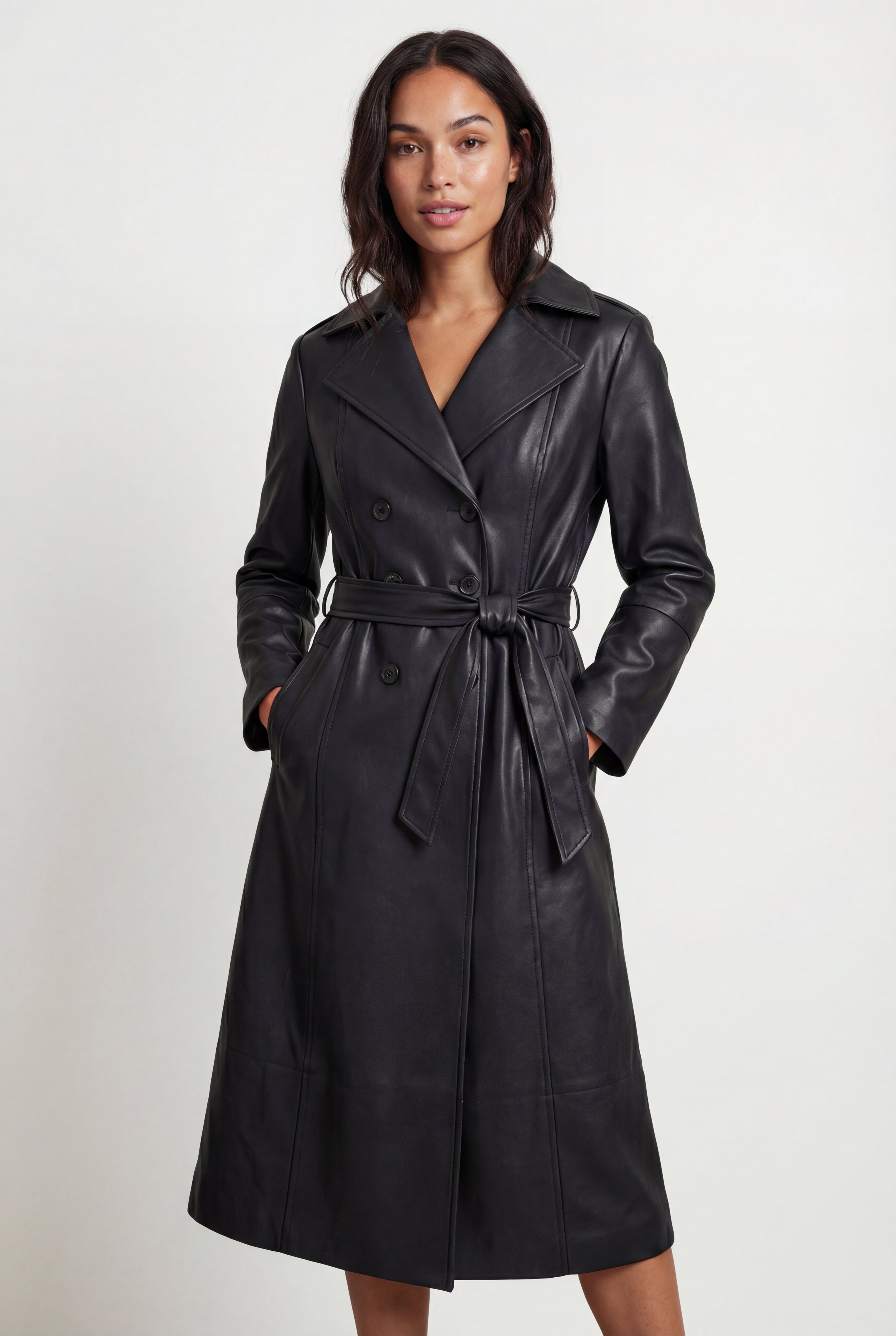 Black Double-breasted Belted Faux Trench Coat | Senna