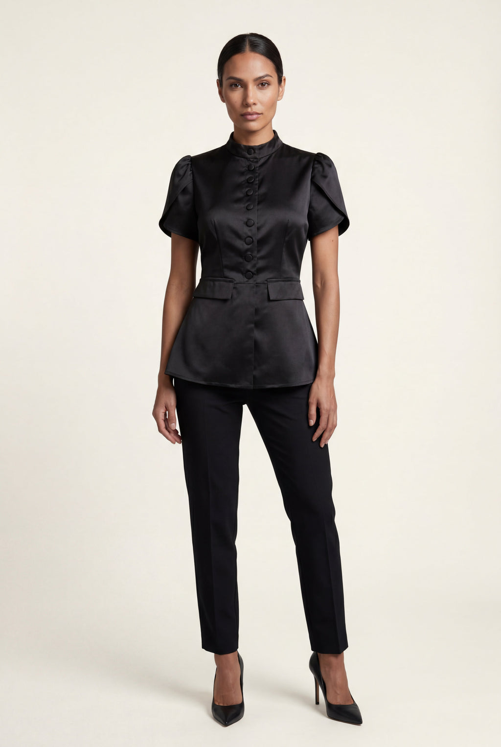 Elcevi | Black Mandarin Collar Fitted Short Sleeve Blouse For Women