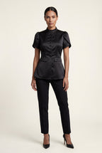 Elcevi | Black Mandarin Collar Fitted Short Sleeve Blouse For Women