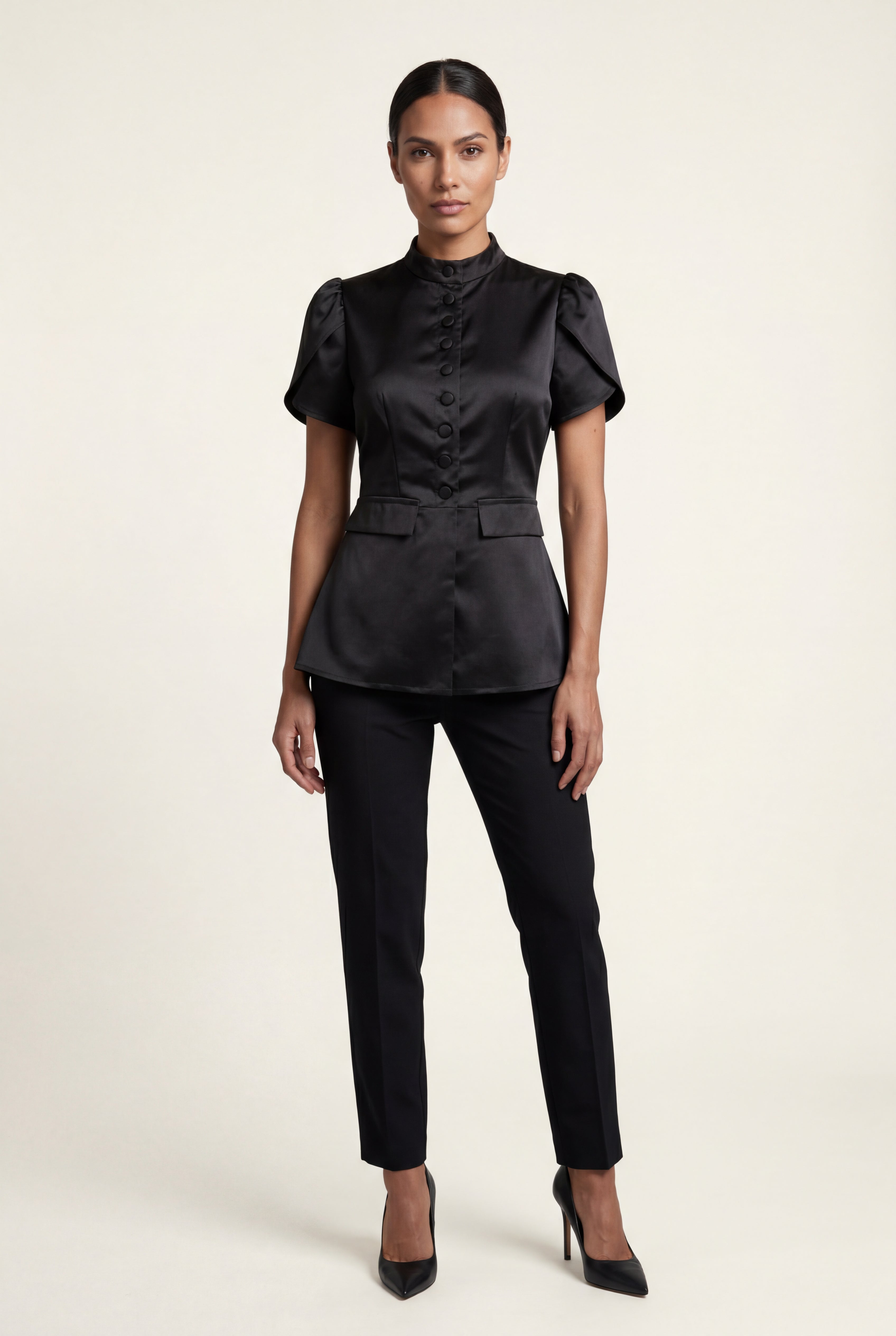 Elcevi | Black Mandarin Collar Fitted Short Sleeve Blouse For Women