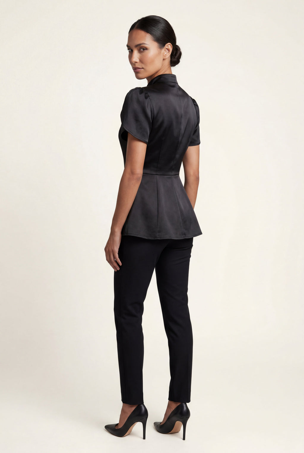 Elcevi | Black Mandarin Collar Fitted Short Sleeve Blouse For Women