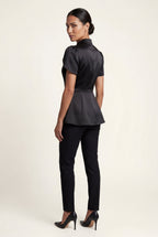 Elcevi | Black Mandarin Collar Fitted Short Sleeve Blouse For Women