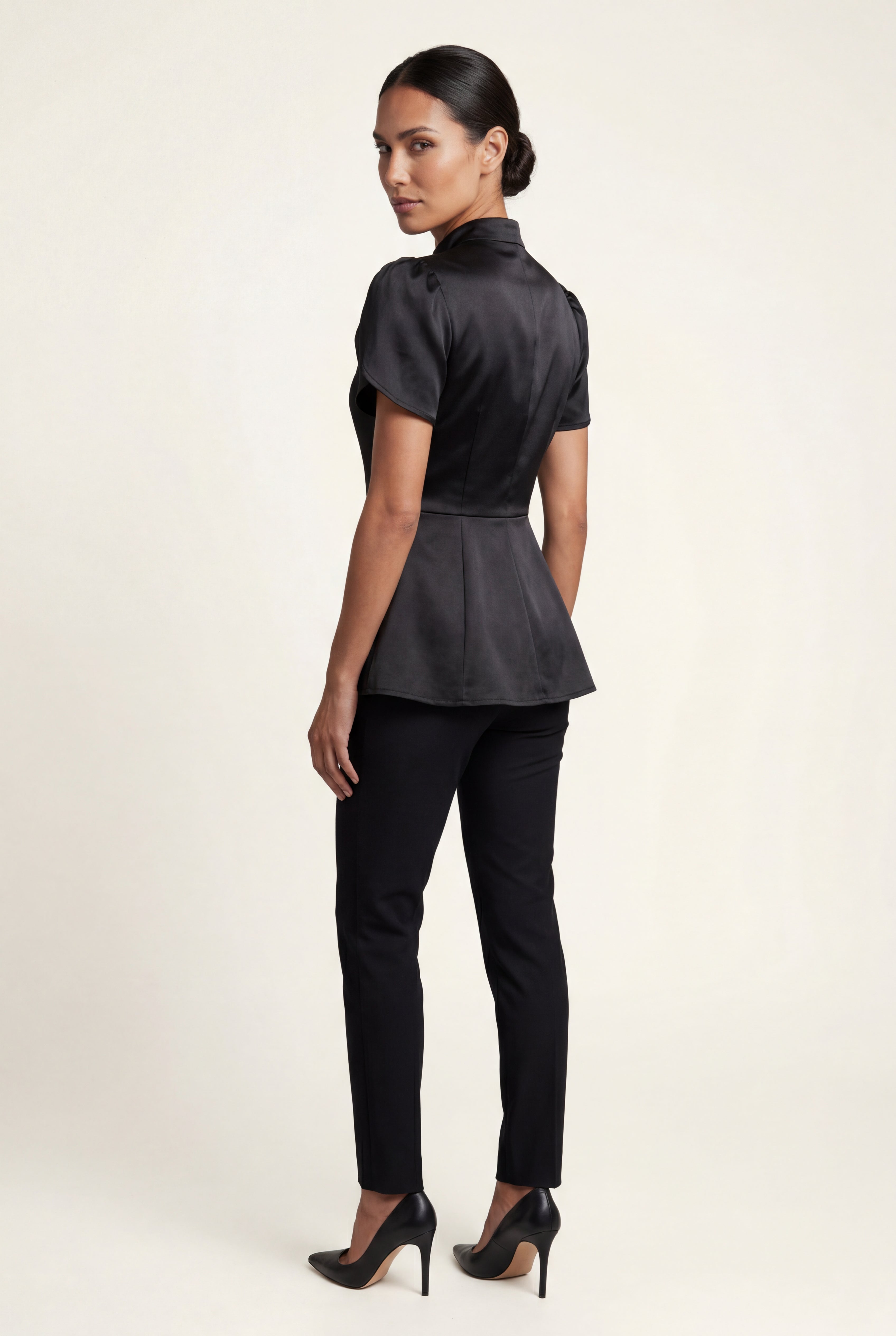Elcevi | Black Mandarin Collar Fitted Short Sleeve Blouse For Women