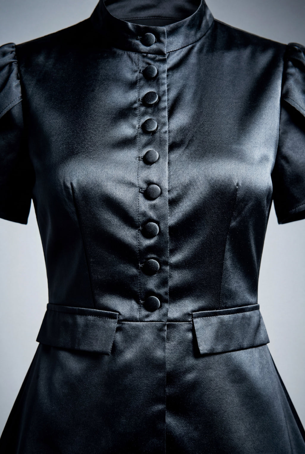 Elcevi | Black Mandarin Collar Fitted Short Sleeve Blouse For Women