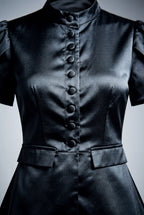 Elcevi | Black Mandarin Collar Fitted Short Sleeve Blouse For Women