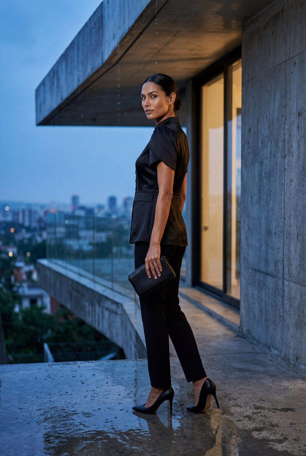 Elcevi | Black Mandarin Collar Fitted Short Sleeve Blouse For Women