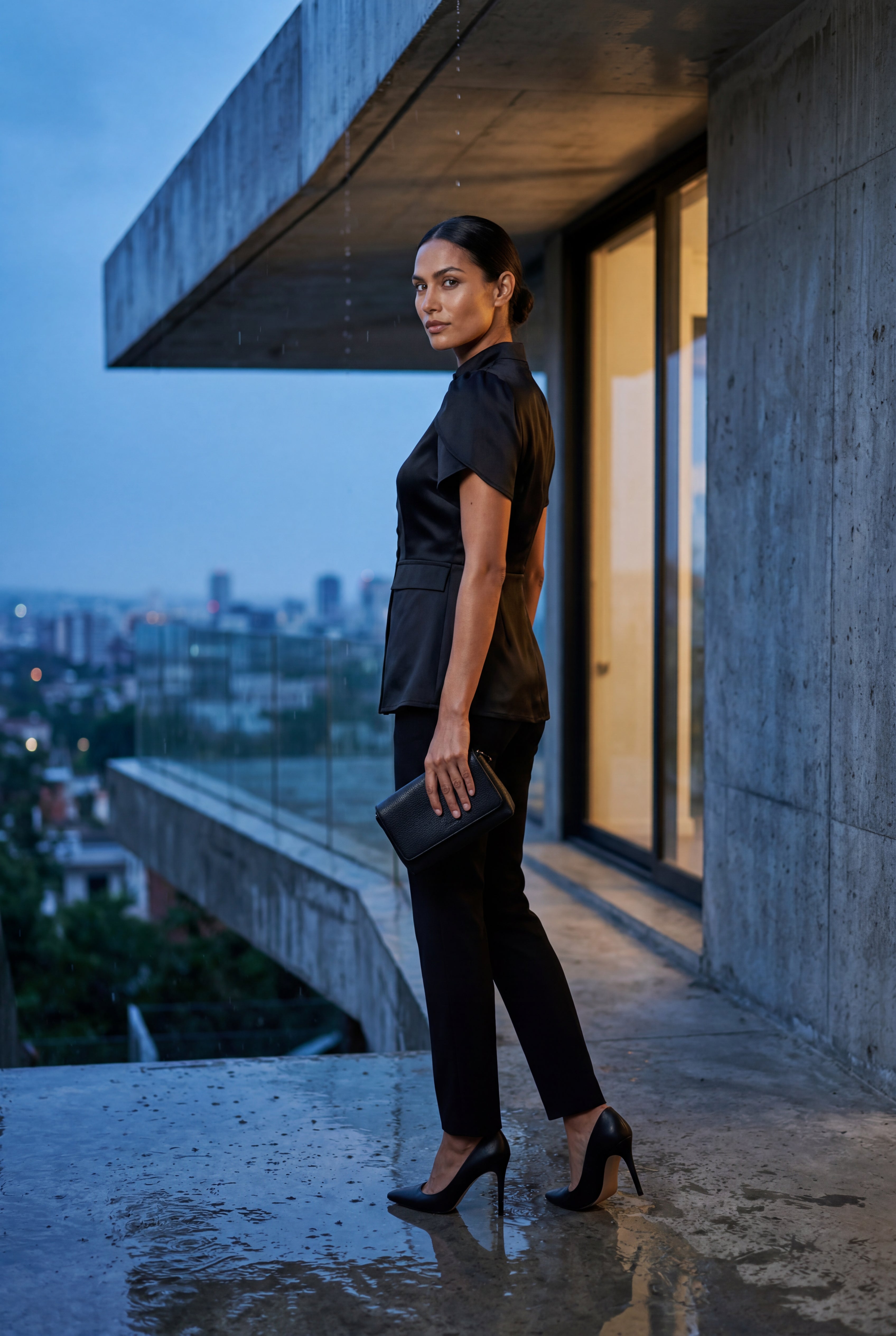 Elcevi | Black Mandarin Collar Fitted Short Sleeve Blouse For Women