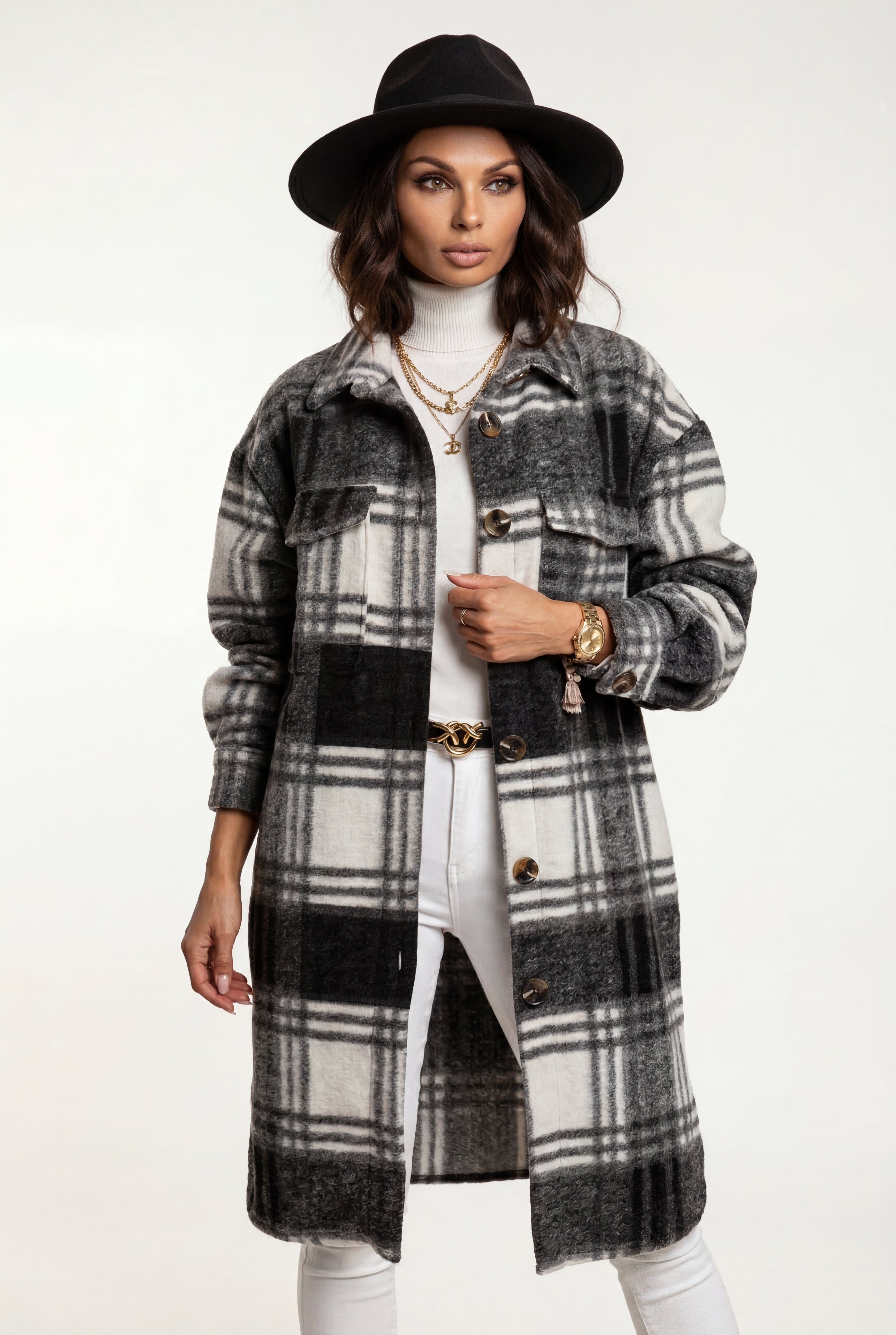 Checked Button-front Long Plaid Coat with Chest Pockets | Senna