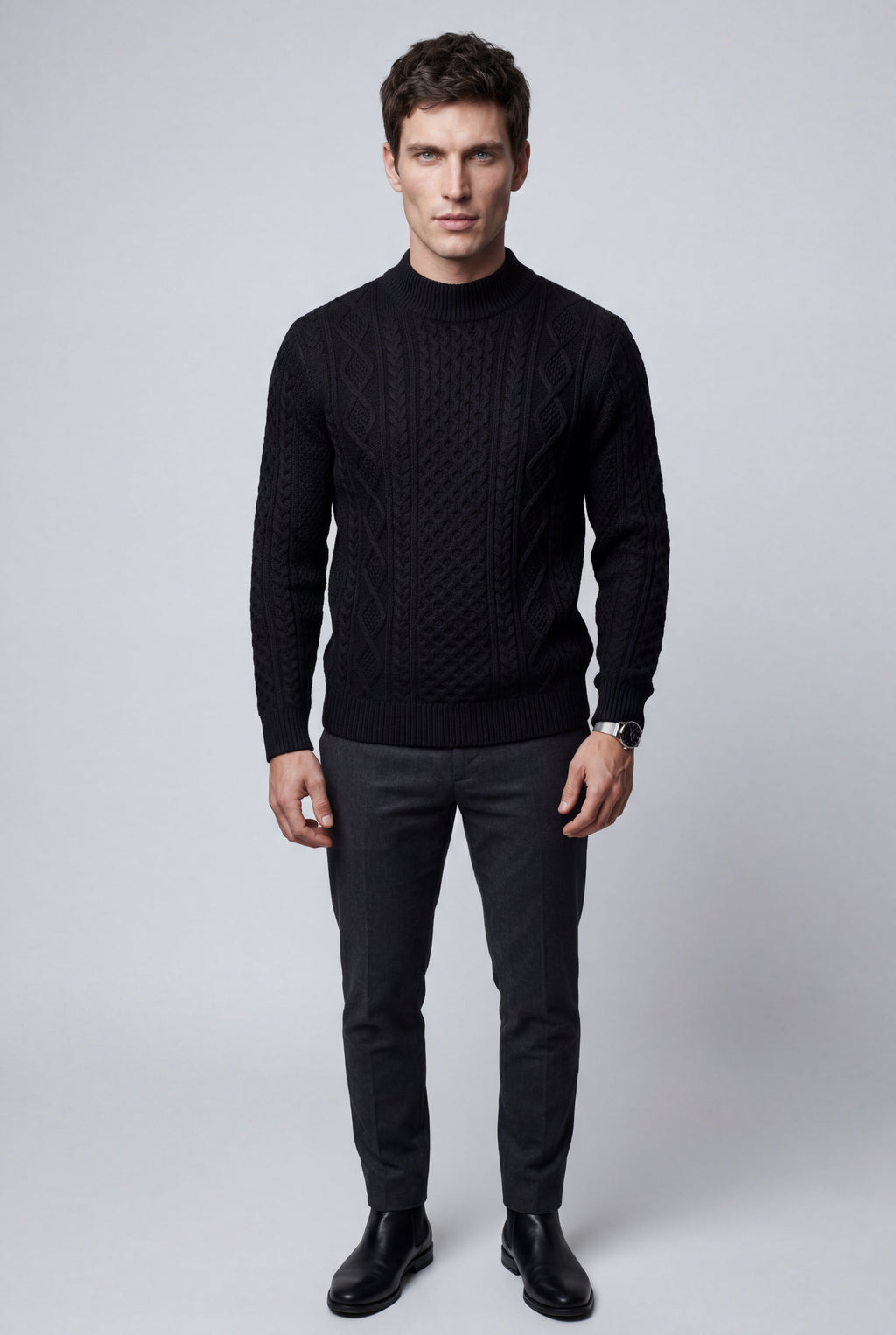 Chunky Cable Crewneck Sweater with Ribbed Hem | Liam
