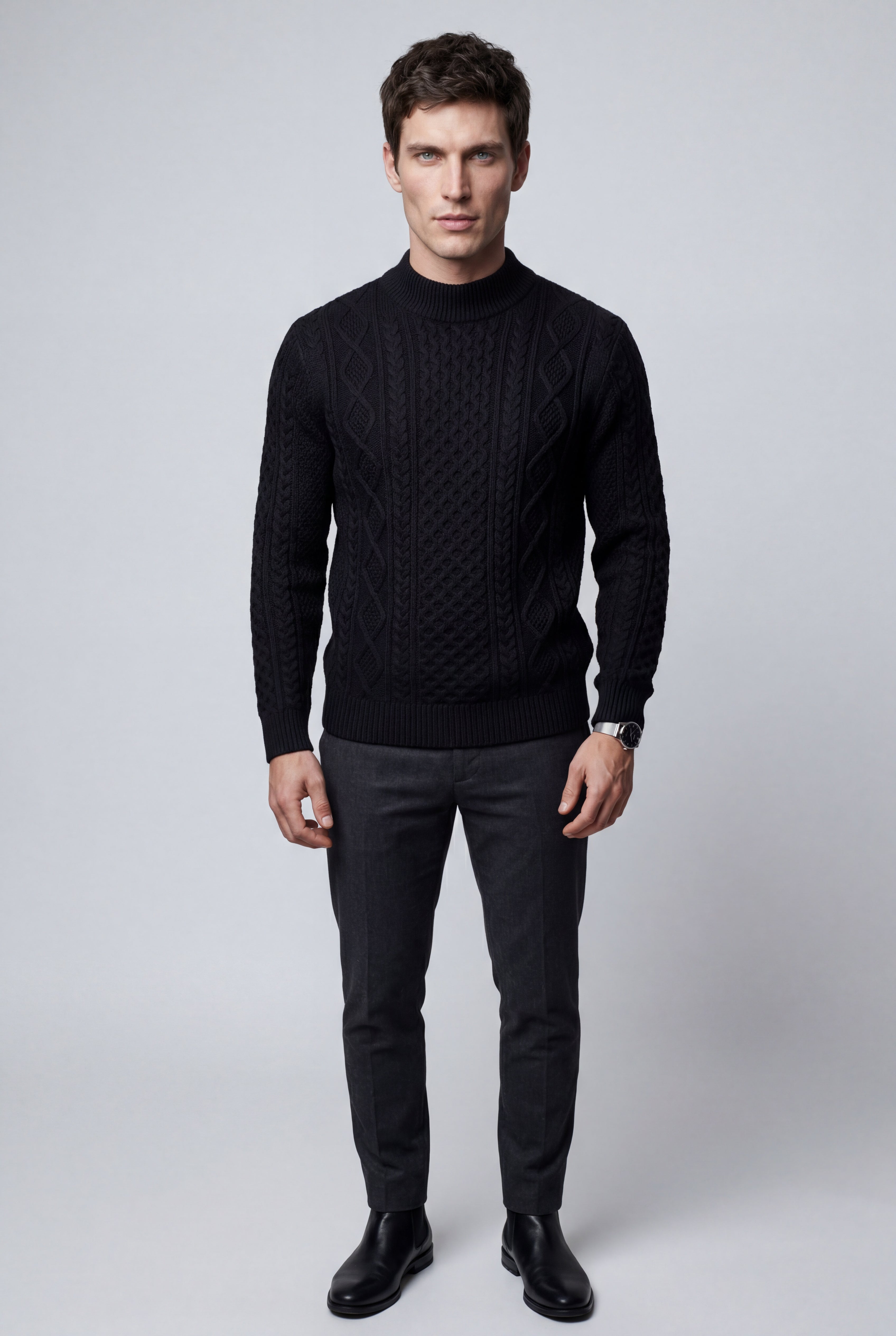 Chunky Cable Crewneck Sweater with Ribbed Hem | Liam