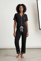 Lia | Contrast Piping Short Sleeve Pajama Set with Bow Waistband