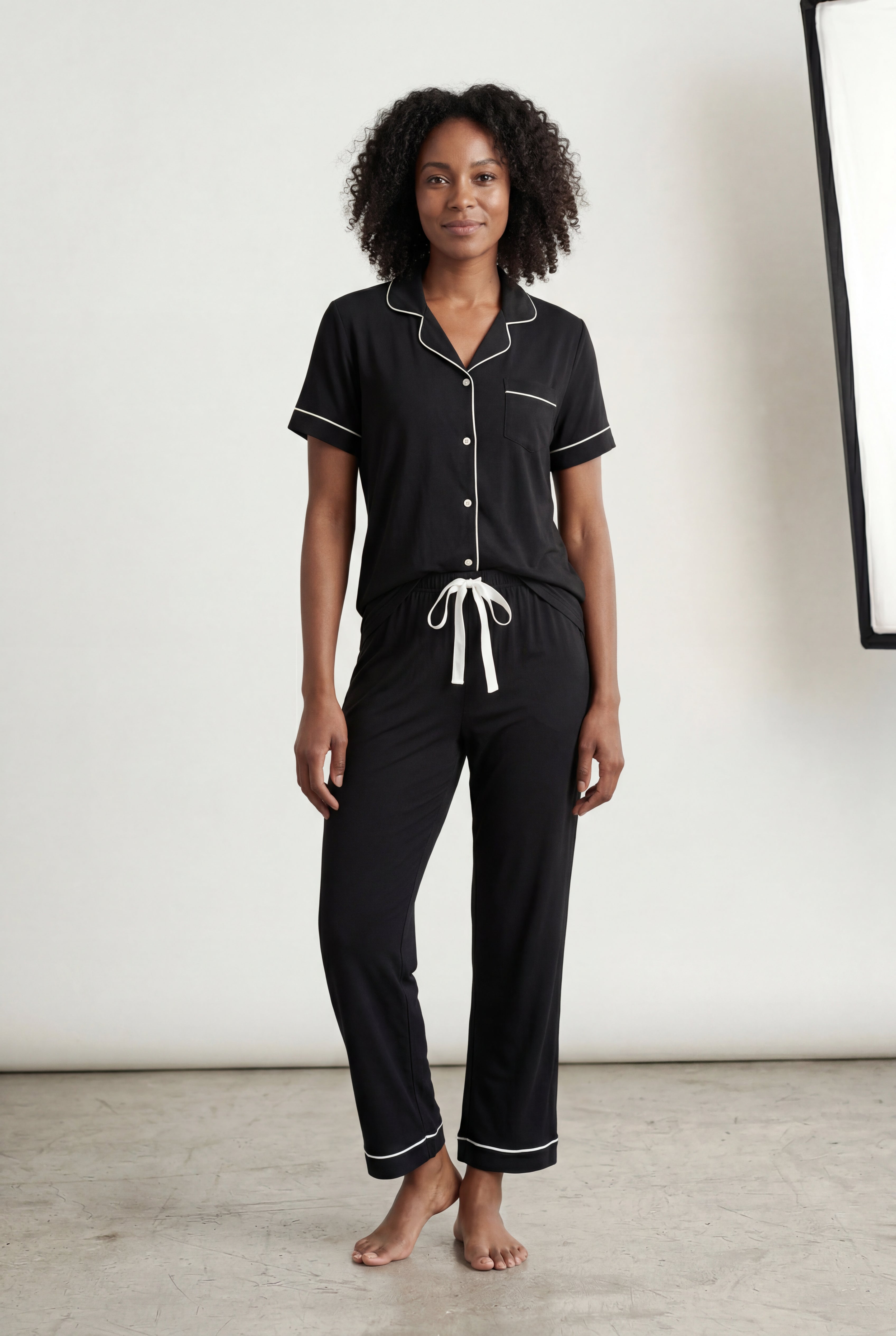 Lia | Contrast Piping Short Sleeve Pajama Set with Bow Waistband
