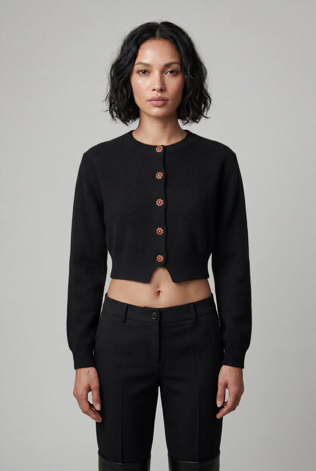 Crew Neck Cropped Button-up Cardigan with Ribbed Hem | Senna