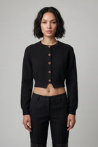 Crew Neck Cropped Button-up Cardigan with Ribbed Hem | Senna