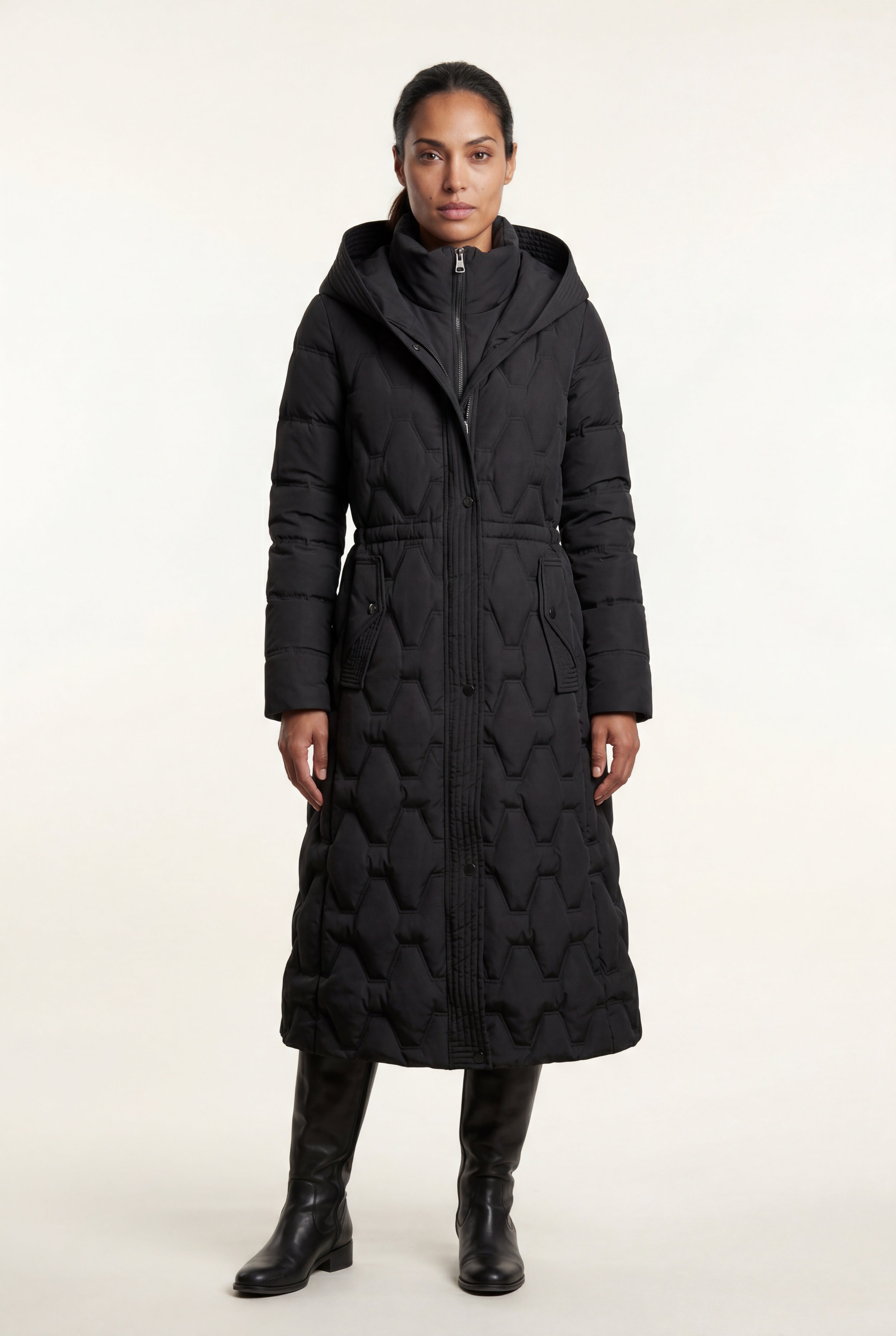 Geometric Quilted Calf-length Puffer Coat with Hood | Elcevi