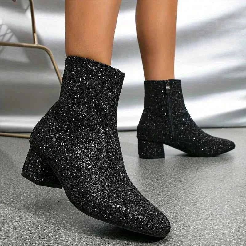 Lia | Glitter Block Heel Ankle Boots with Side Zip