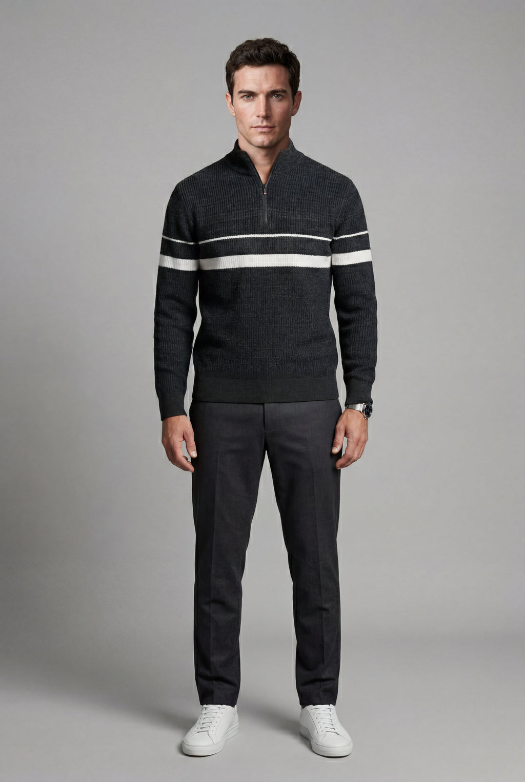 Half Zip Stand Collar Striped Sweater | James