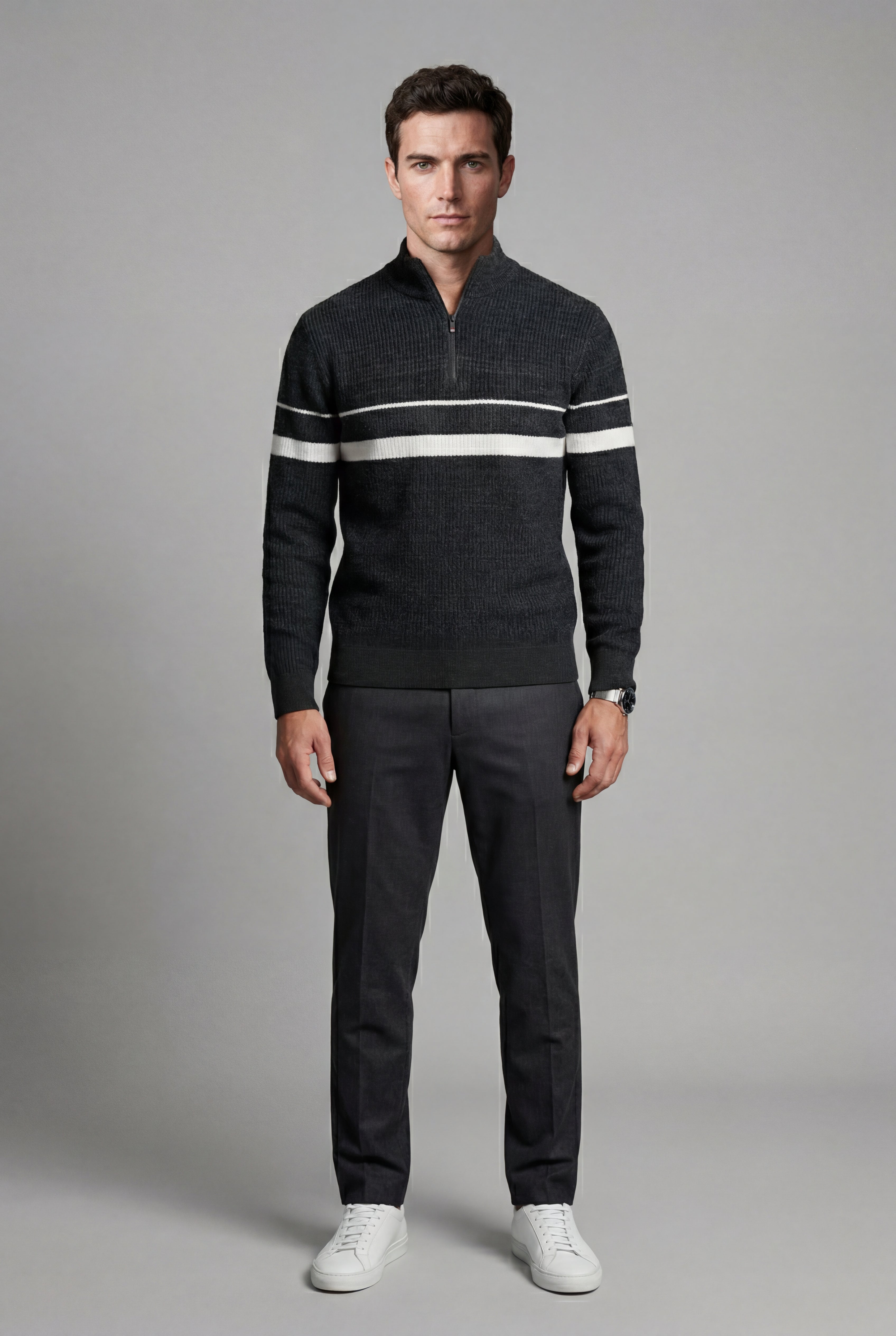 Half Zip Stand Collar Striped Sweater | James