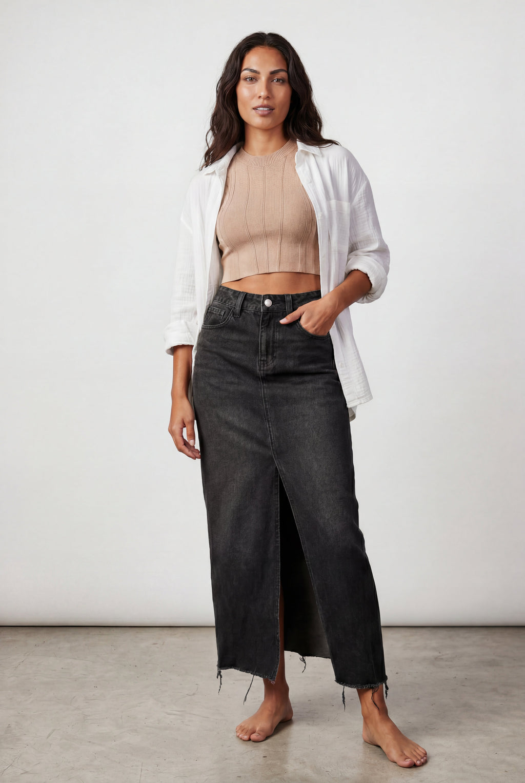 Alessia | High-waisted Raw Hem Front-slit Midi Skirt For Women