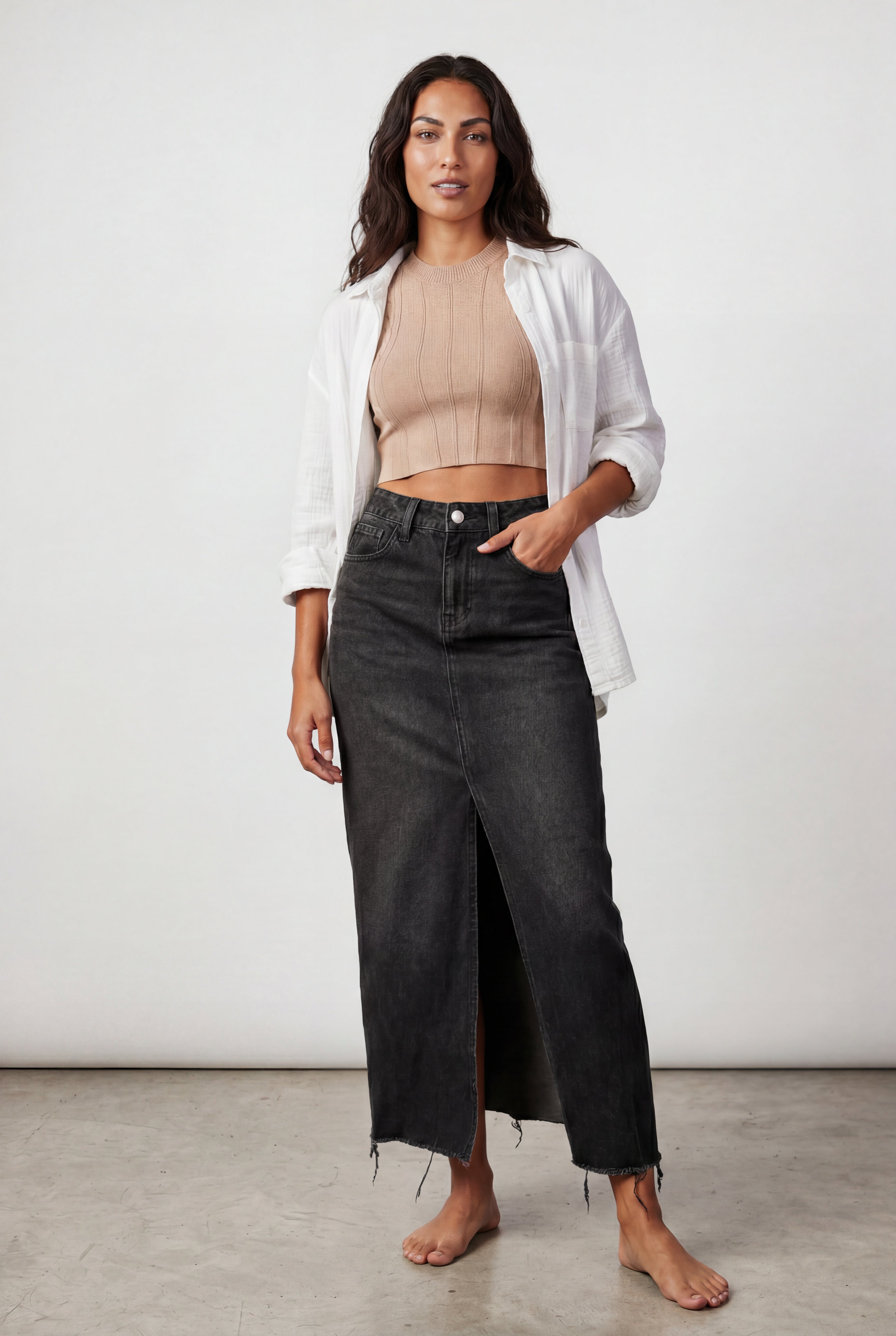 Alessia | High-waisted Raw Hem Front-slit Midi Skirt For Women