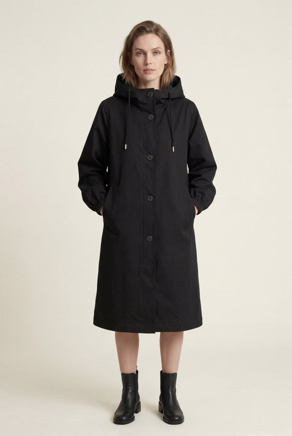 Hooded Snap Button Long Parka Coat with Adjustable Waist | Elcevi