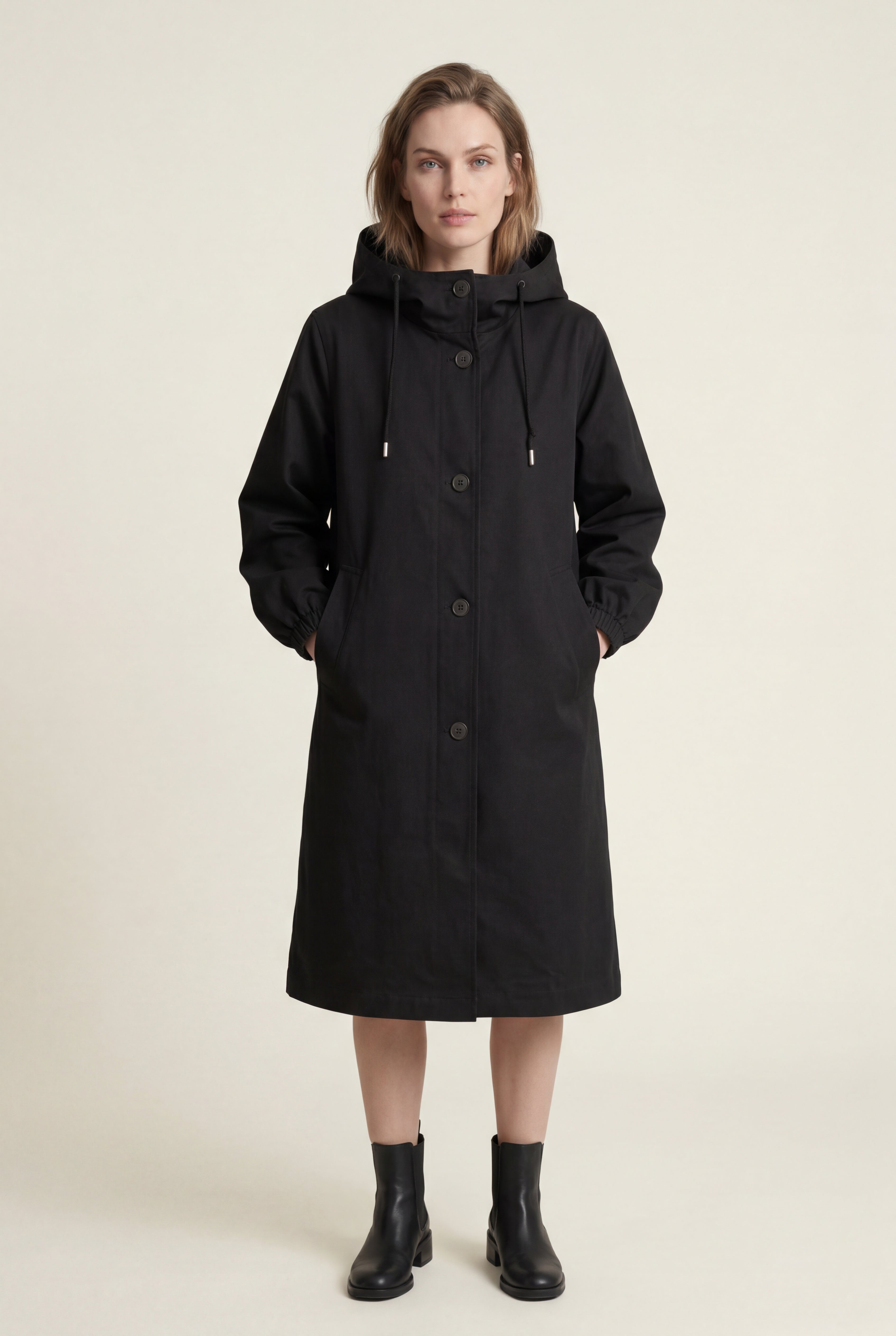 Hooded Snap Button Long Parka Coat with Adjustable Waist | Elcevi