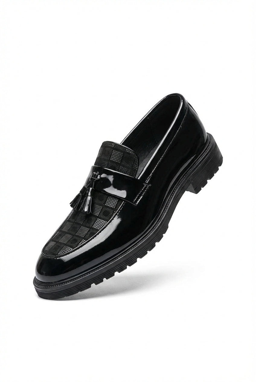 Liam | Men's Checked Patent Tassel Loafers with Chunky Lug Sole