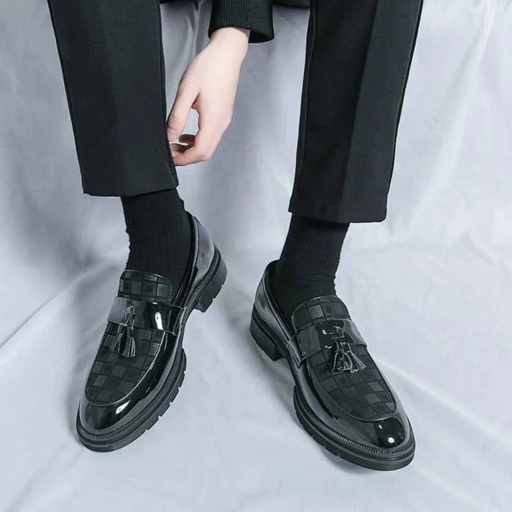 Liam | Men's Checked Patent Tassel Loafers with Chunky Lug Sole