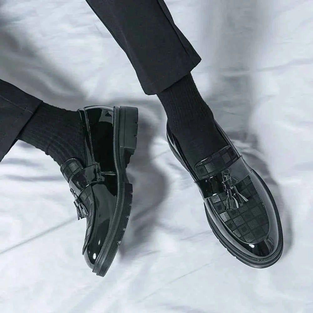 Liam | Men's Checked Patent Tassel Loafers with Chunky Lug Sole