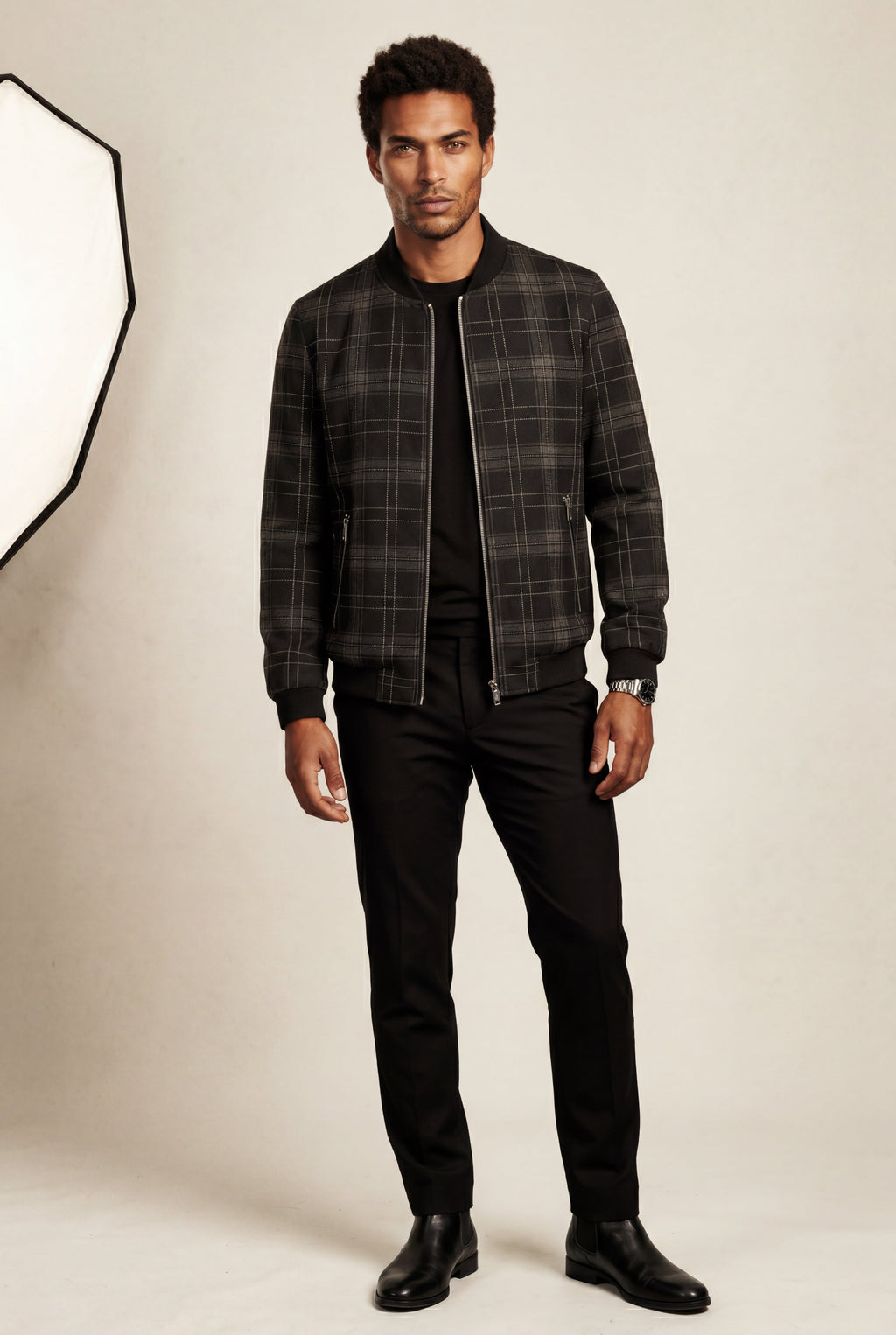 Liam | Men's Checked Plaid Classic Bomber Jacket with Ribbed Collar