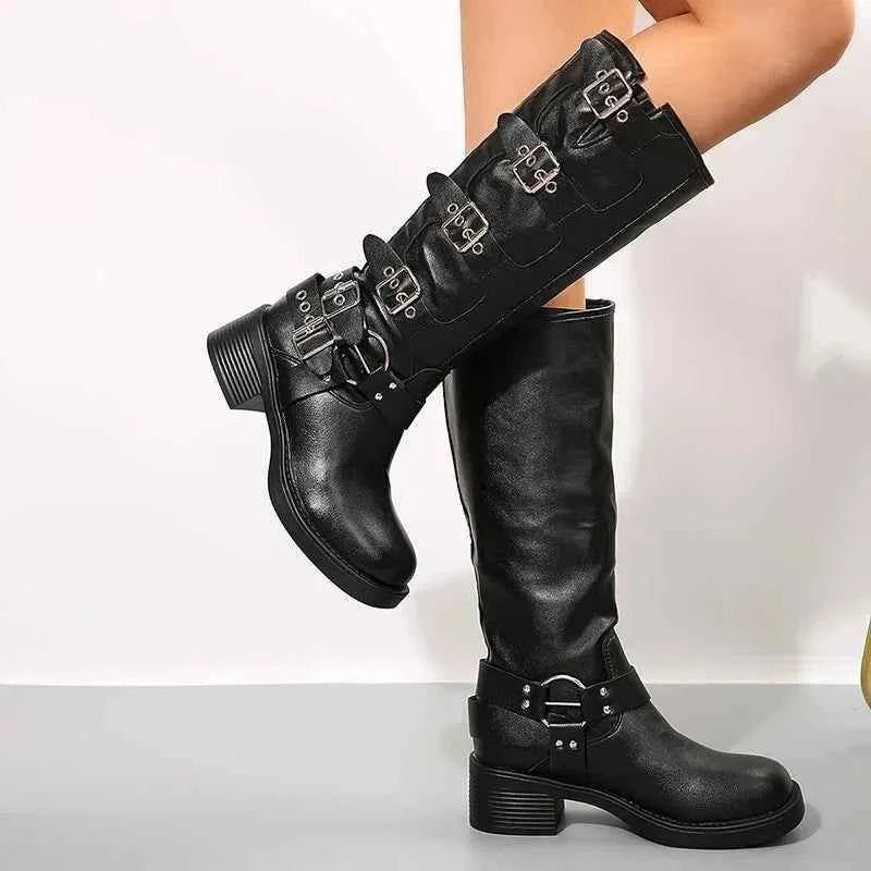 Lia | Multiple Buckle Strap Tall Biker Boots