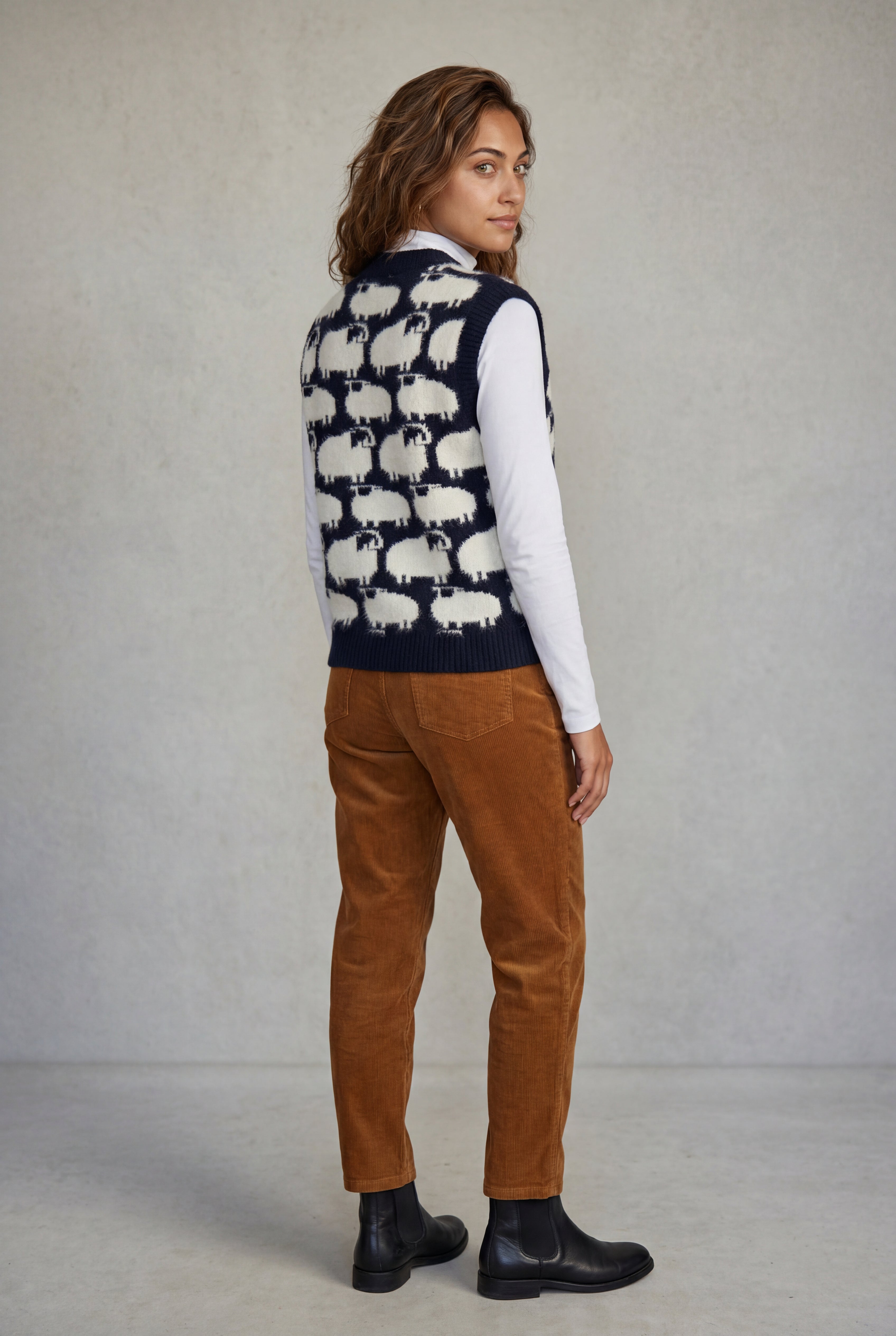 Elcevi | Navy Sheep Motif Knitted Sweater Vest For Women