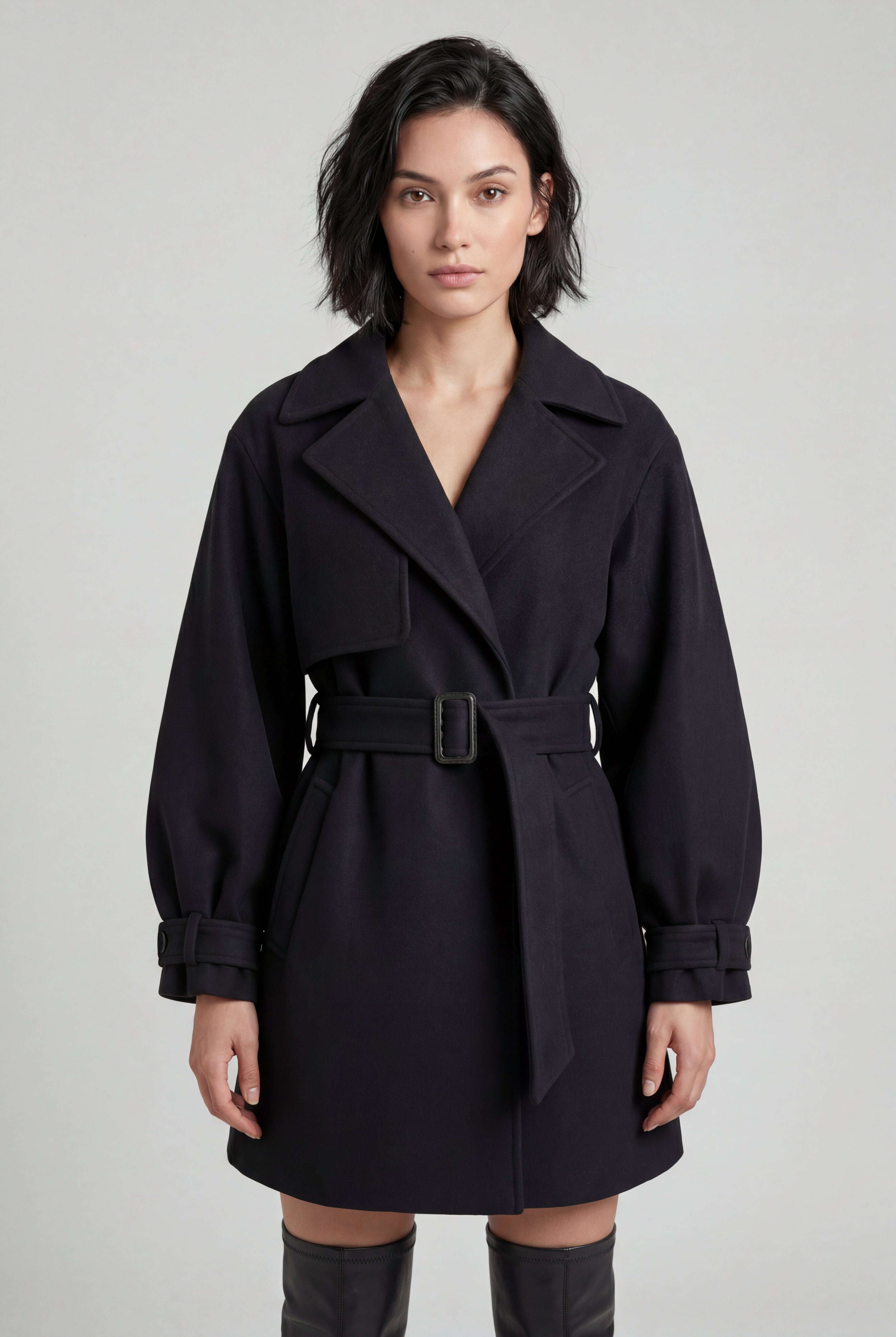 Oversized Lapel Belted Mini Trench Coat | Senna