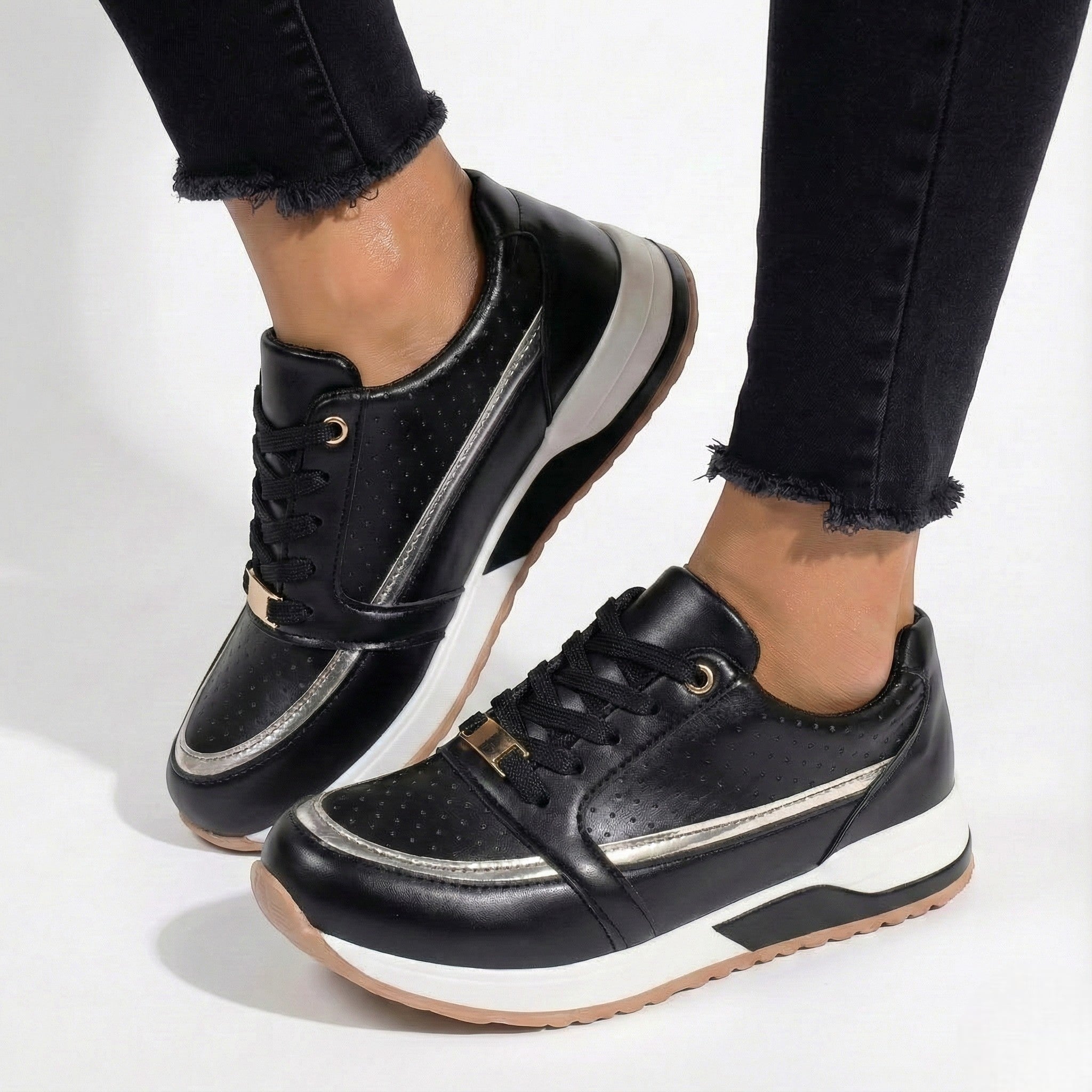 Lia | Perforated Metallic Trim Low-top Walking Sneakers