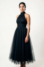Alyssa | Pleated Halter Neck Midi Dress with Open Back Detail For Women